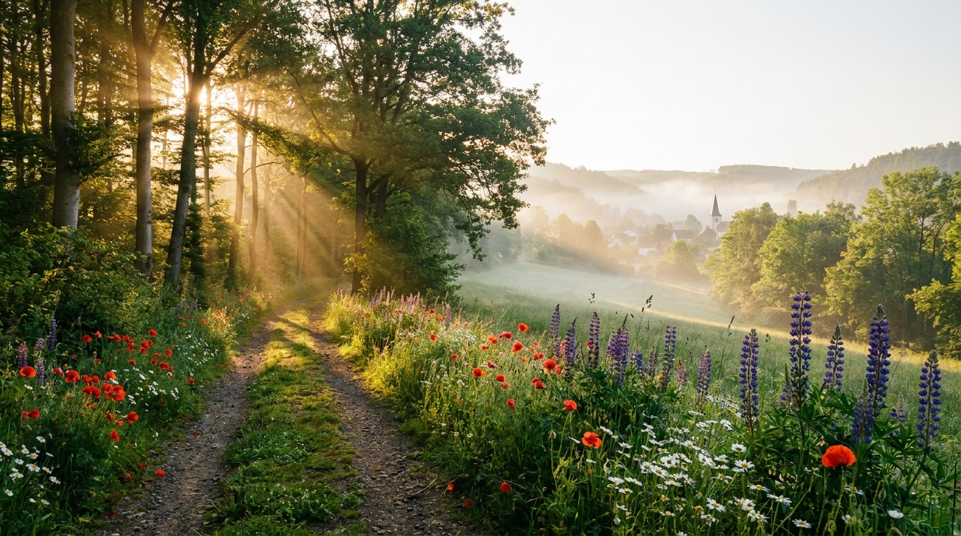 Wanderweg durch grüne Hügel der Eifel bei Morgenlicht